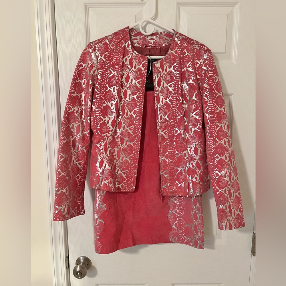 Suede metallic snakeskin print pink suit set